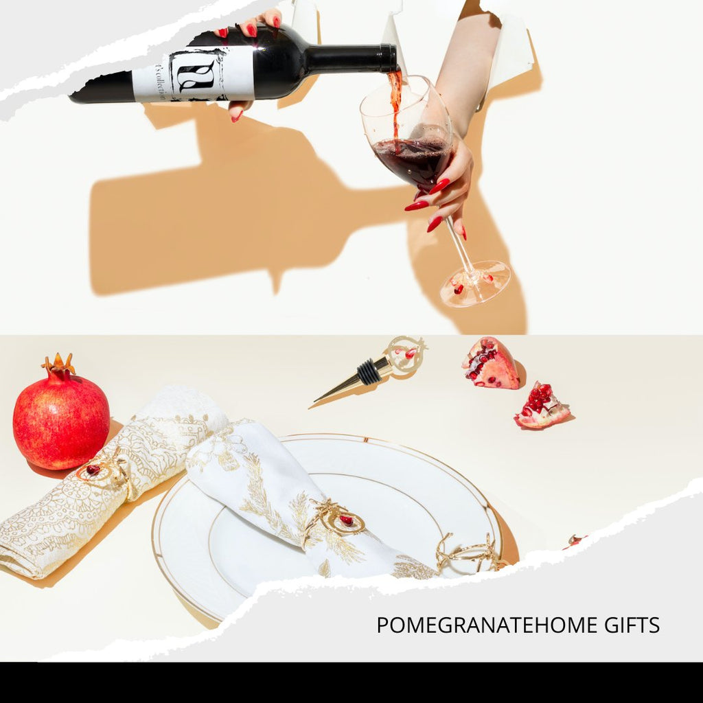 Pomegranate design wine stopper and napkin rings