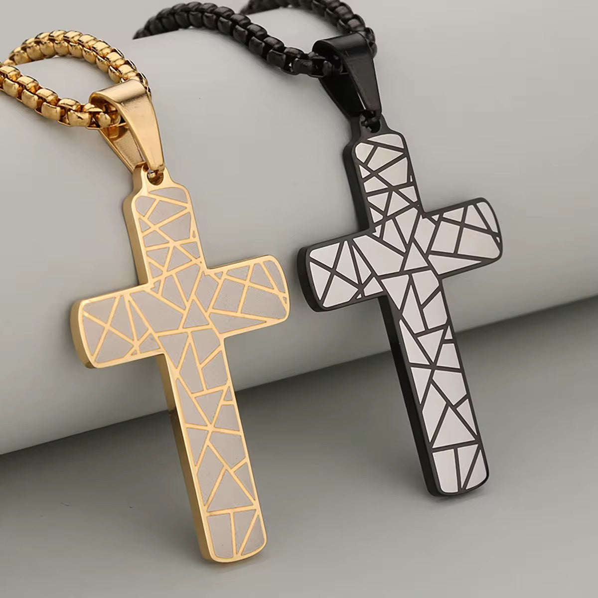 Geometric Cross Men's Necklace – Gold, Black, Silver & Two-Tone
